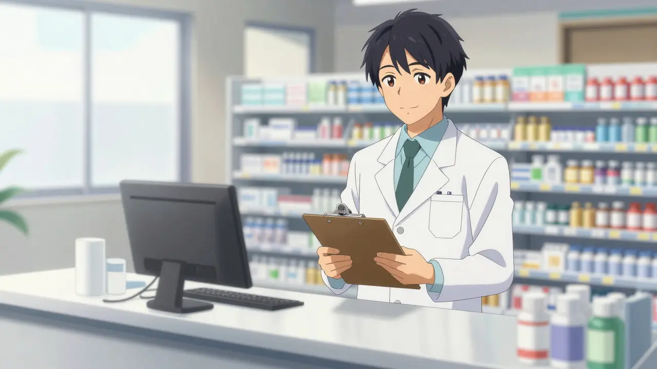 Smiling pharmacist in a white coat standing behind a clean pharmacy counter