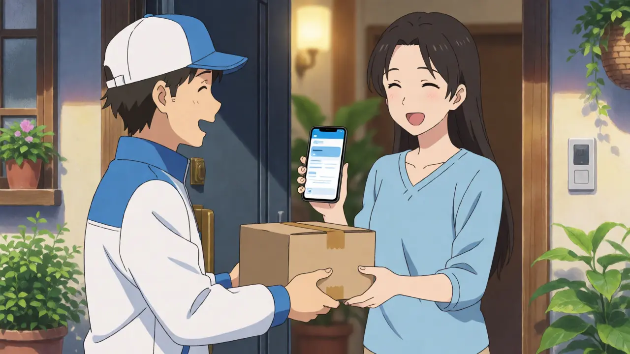 Happy customer receiving a medication delivery after an online telehealth consultation.